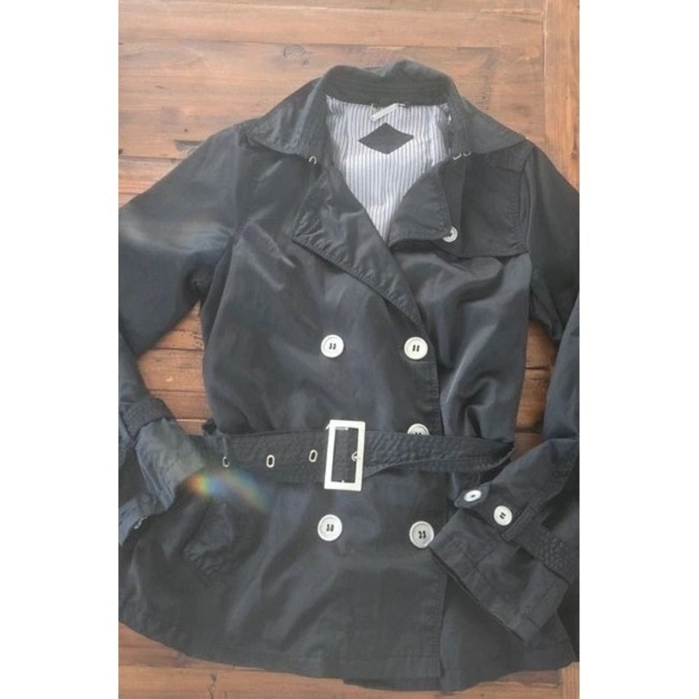 Joujou Black Double Breasted Belted Trench Coat Jacket Women Small